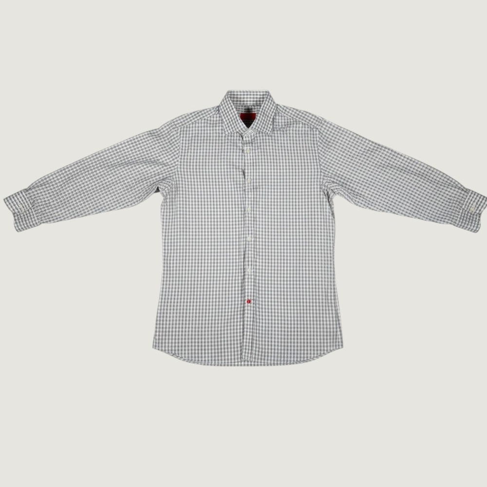Isaia Napoli Mens Grey White Gingham Cotton Dress Shirt Size 16 41 Made in Italy